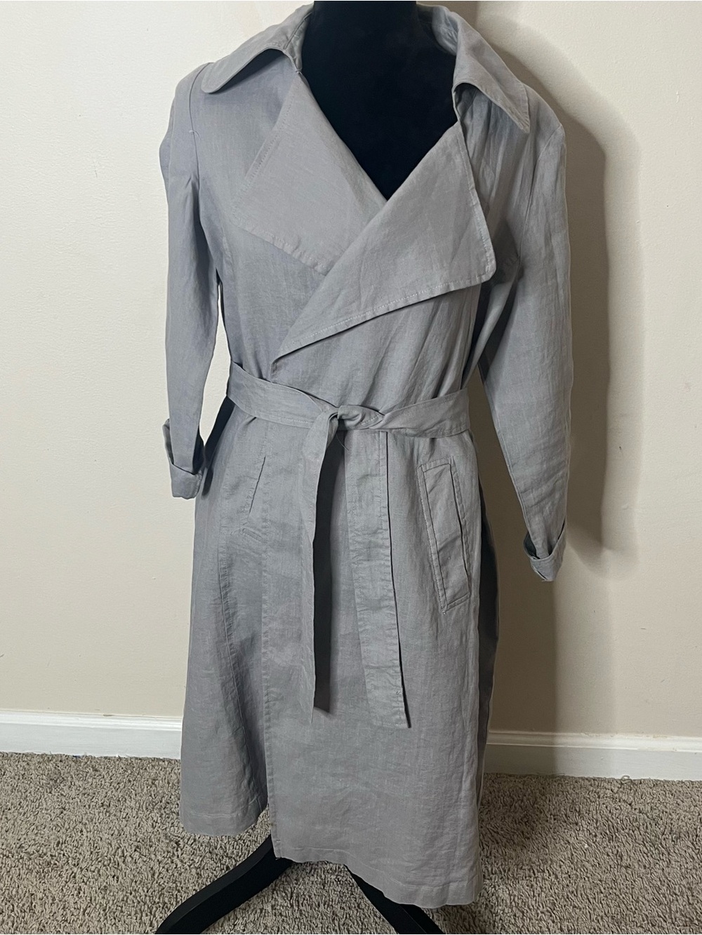 Catherine Malandrino Light Gray Notched Lapel Belted Trench Coat Sz S